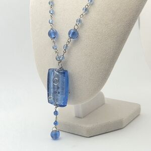 Handcrafted Blue Wire Wrapped Murano- Style Glass Pendant Necklace
